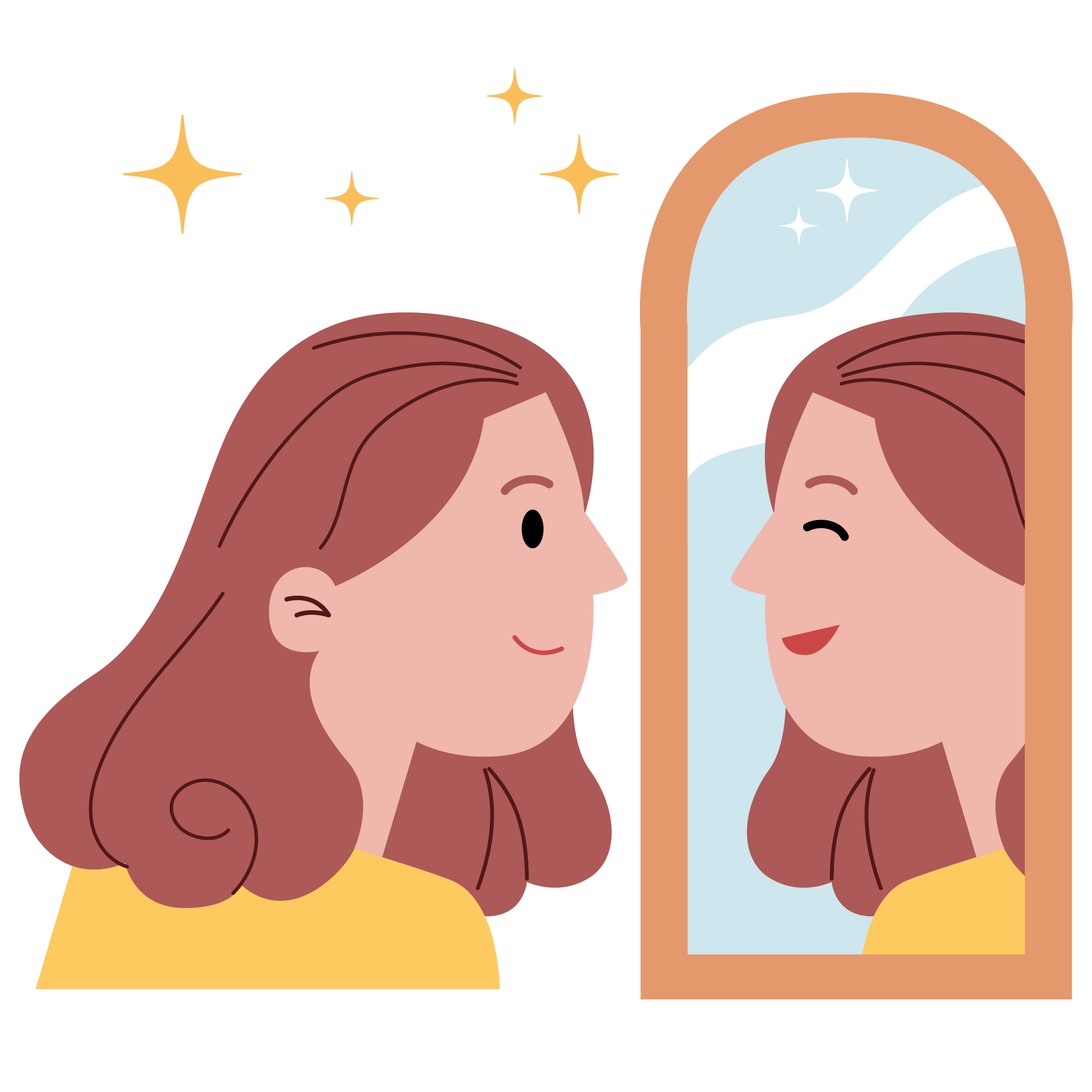 girl looking at a mirror smiling