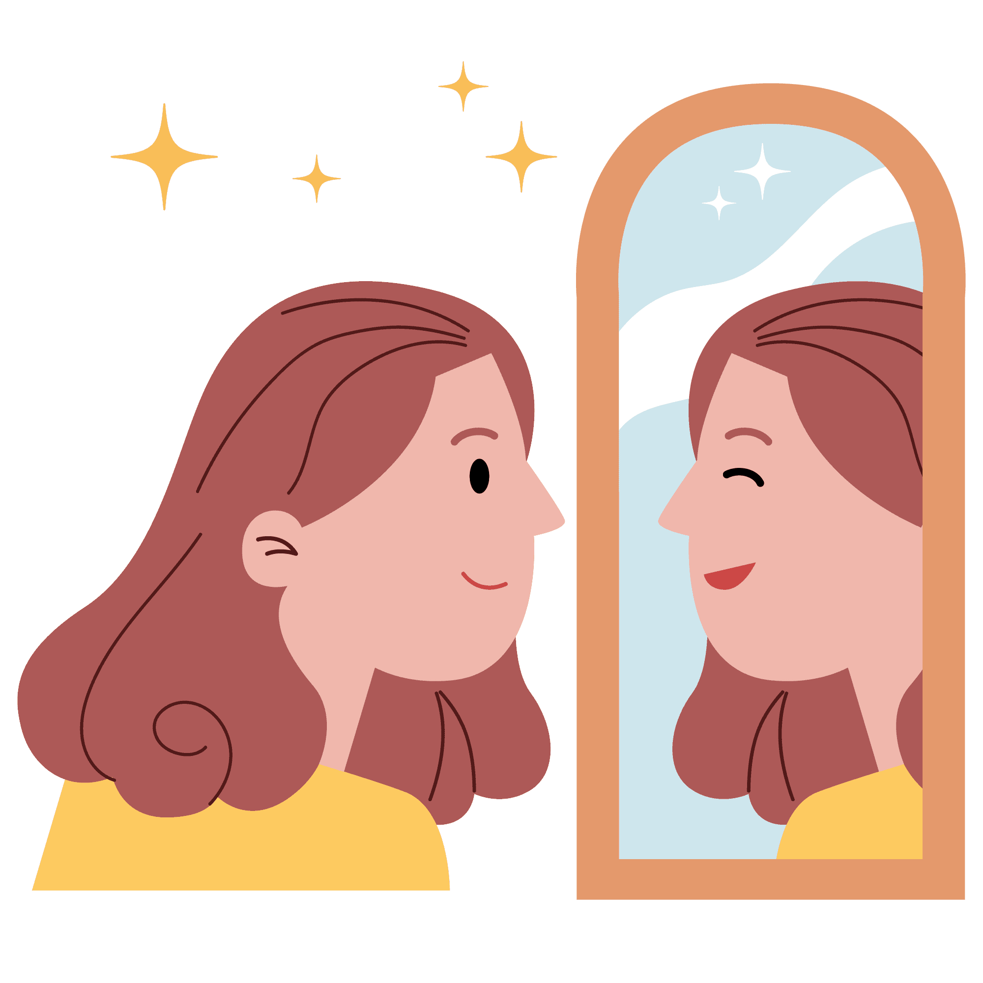 girl looking at a mirror smiling