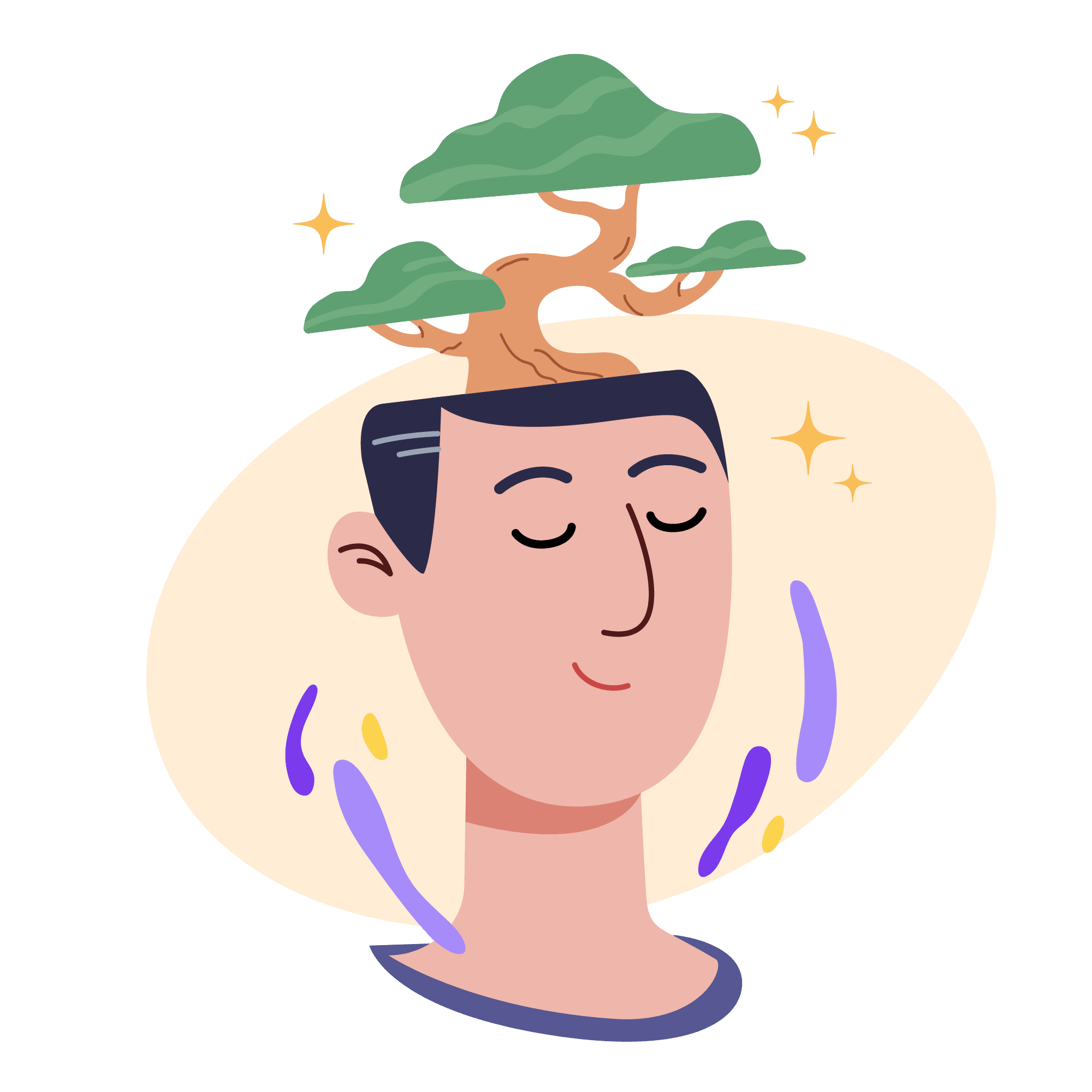 smiling person with tree growing on top